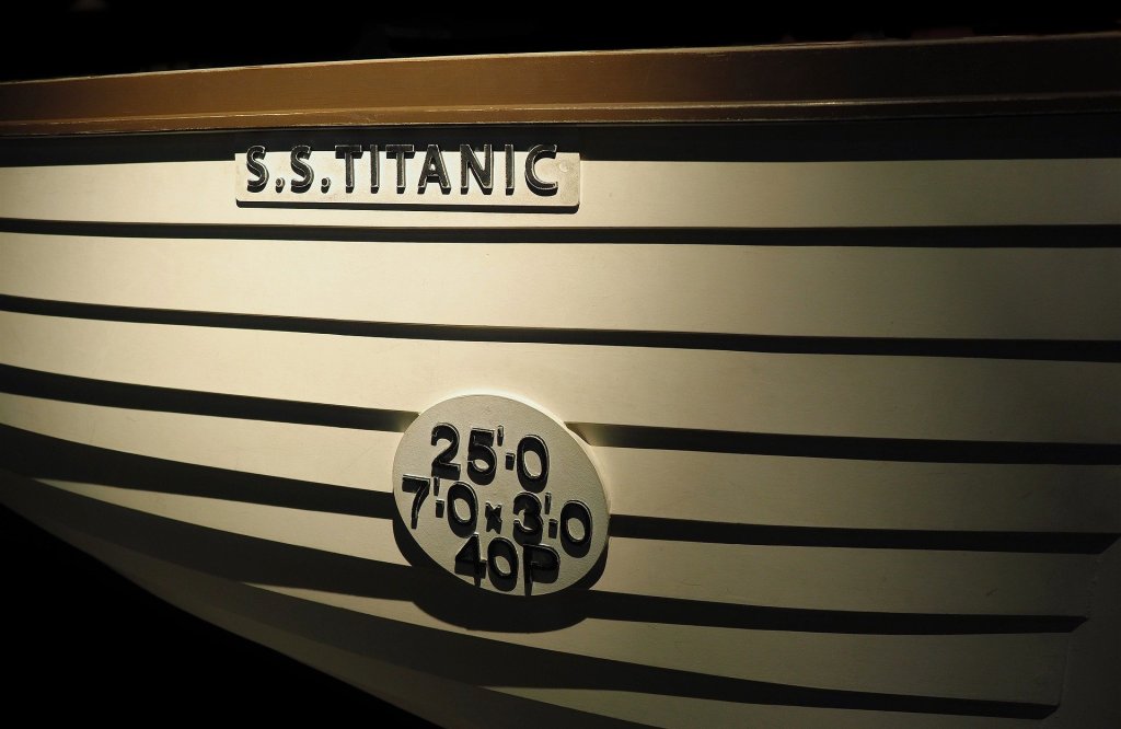 shadowed replica lifeboat from Titanic labeled SS Titanic